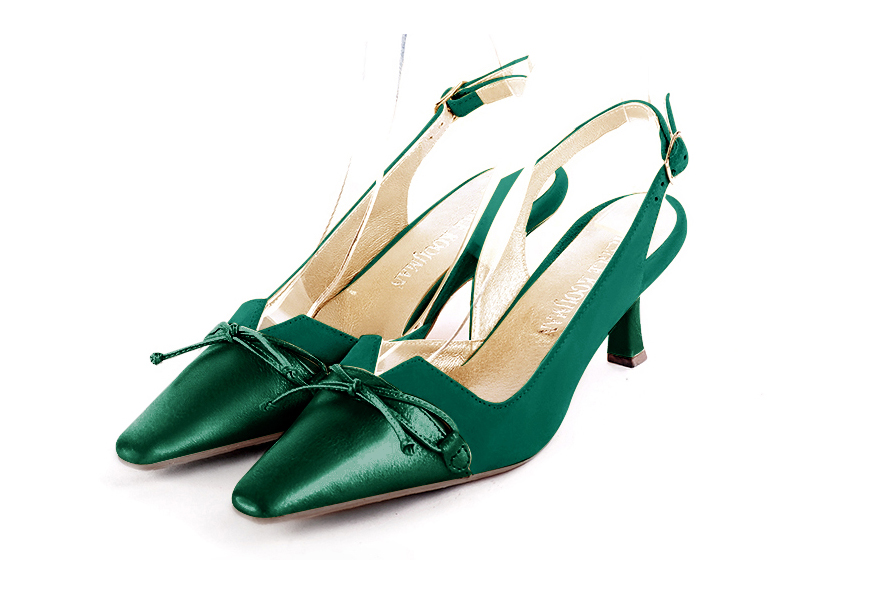 Emerald green women's open back shoes, with a knot. Tapered toe. Medium spool heels - Florence KOOIJMAN